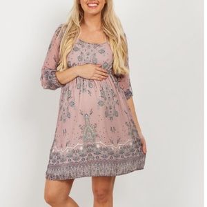 Mauve Floral Chiffon 3/4 Sleeve Maternity Dress